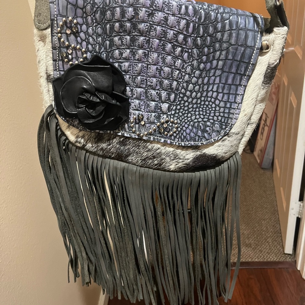 Gray and Black Fringe Women Bag
